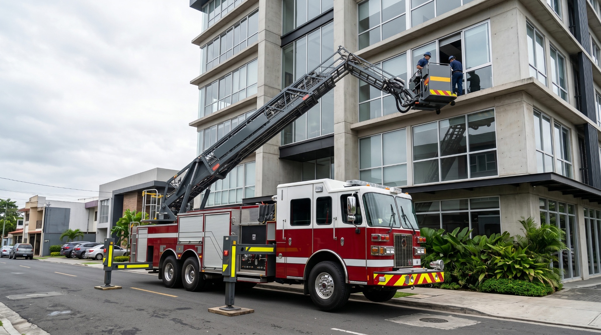 Aerial platform extended to a mid-rise building during a rescue scenario